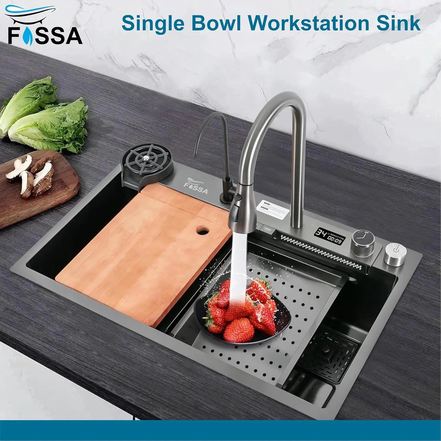 Fossa 30"x18"x10" inch Fully Equipped Premium Kitchen Sink with Integrated Waterfall and Pull-down Faucets -Stainless Steel Sink with LED Pannel and Touchscreen Digital Display - Nano Black Finish with All Accessories Fossa Home