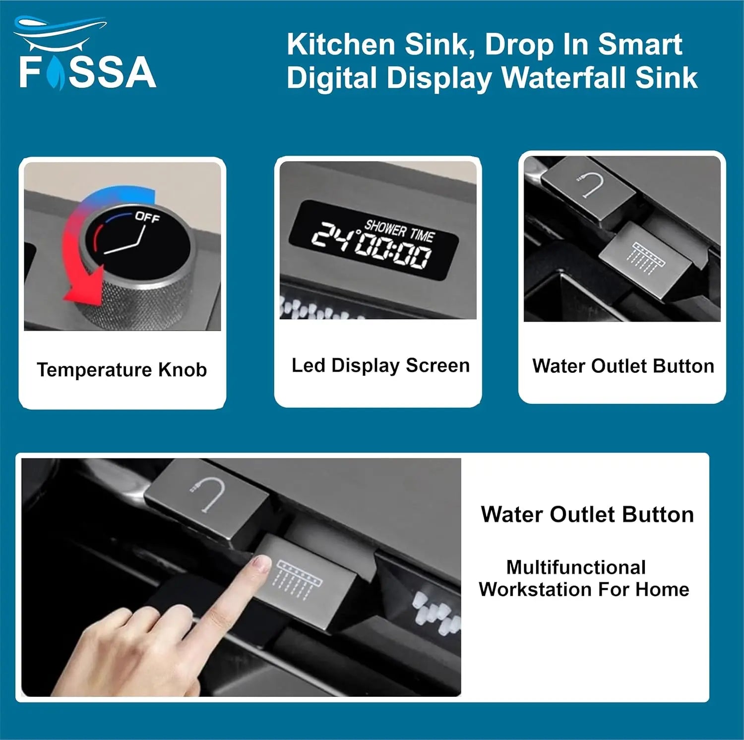 Fossa 30"x18"x10" inch Fully Equipped Premium Kitchen Sink with Integrated Waterfall and Pull-down Faucets -Stainless Steel Sink with LED Pannel and Touchscreen Digital Display - Nano Black Finish with All Accessories Fossa Home