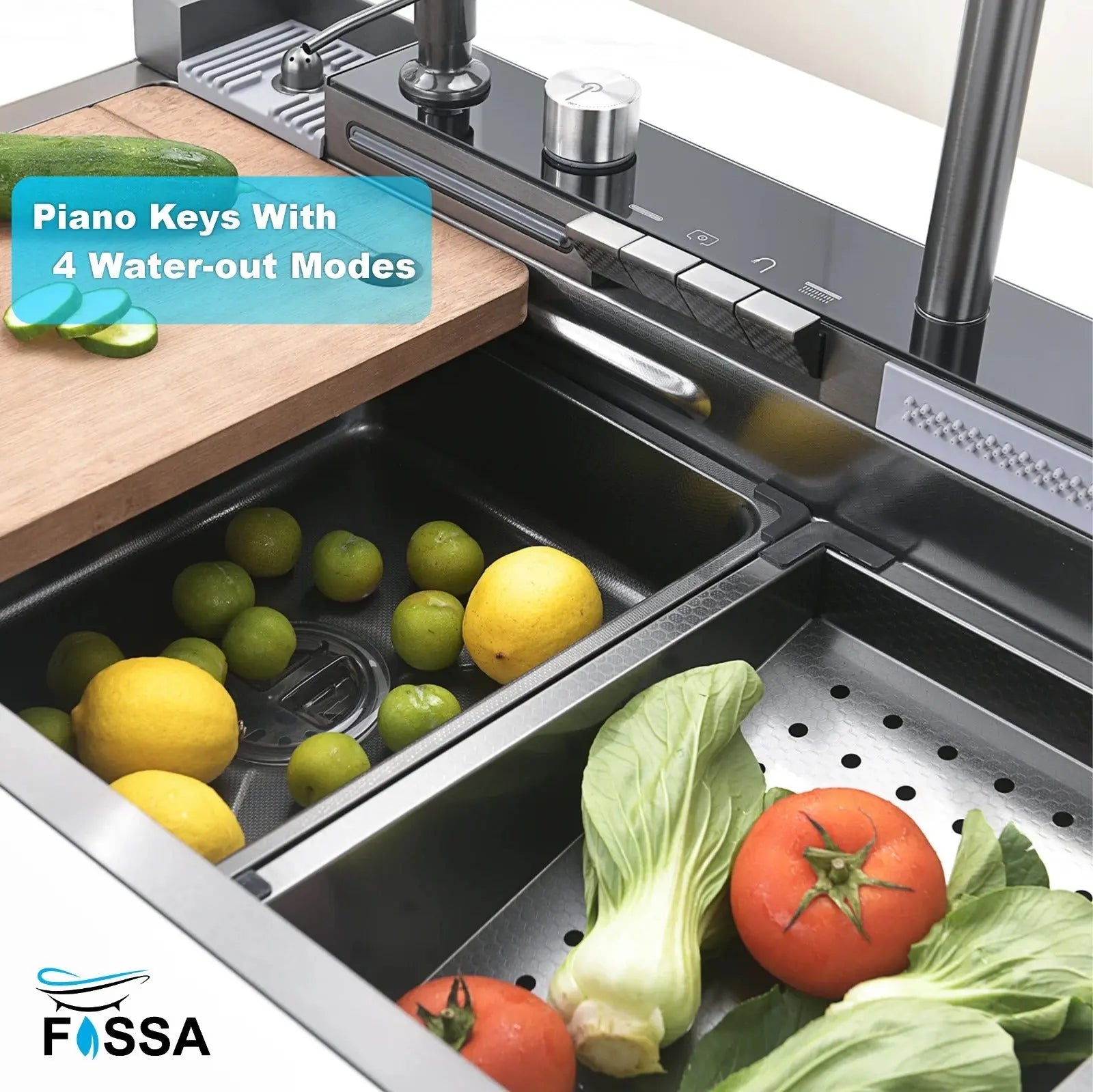 Fossa 30"x18"x10" inch Piano Fully Equipped Kitchen Sink with Integrated Waterfall and Pull-down Faucets - SS-304 Grade Stainless Steel Sink with LED Pannel and Digital Display - Nano Black Finish Fossa Home