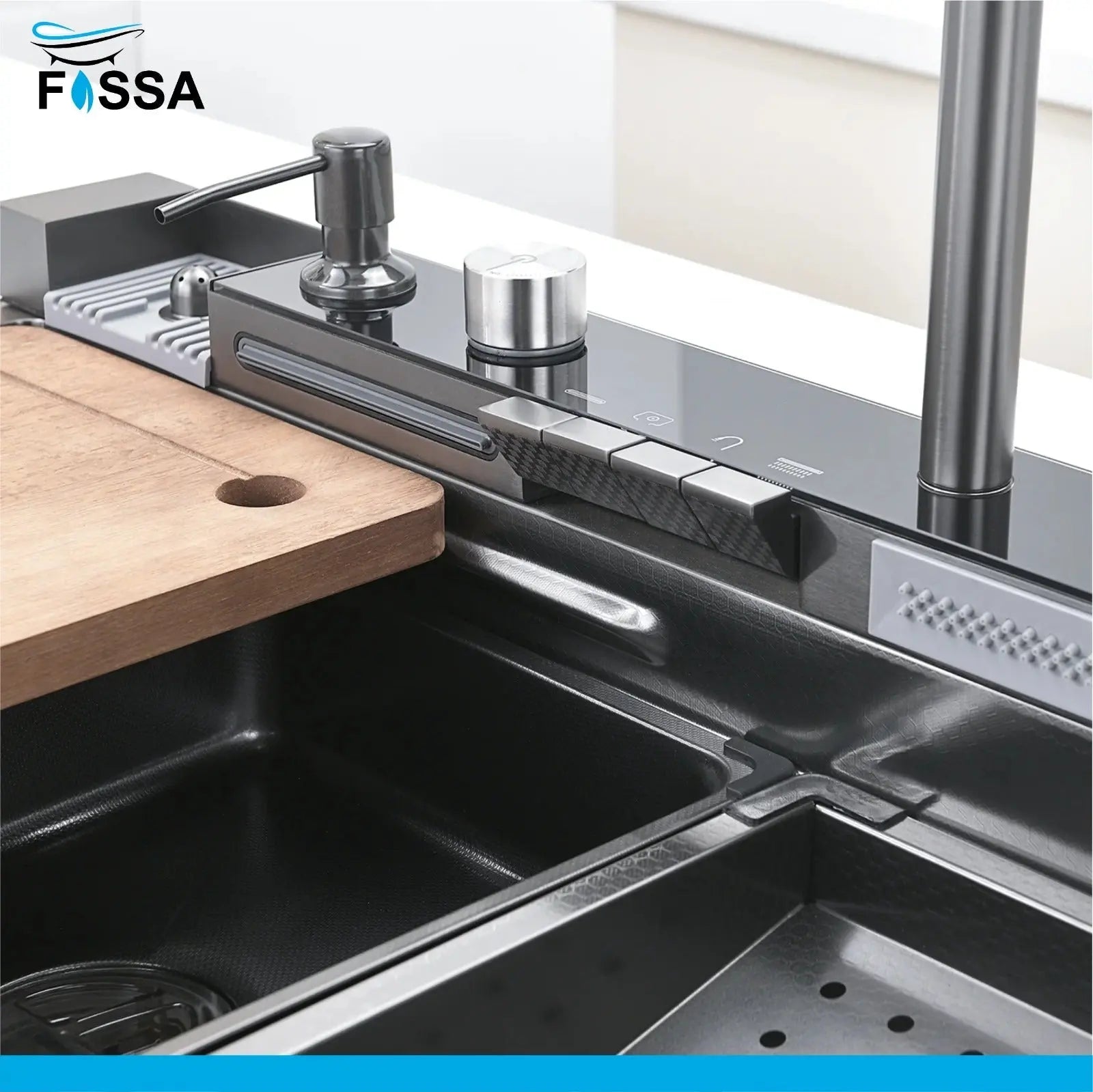 Fossa 30"x18"x10" inch Piano Fully Equipped Kitchen Sink with Integrated Waterfall and Pull-down Faucets - SS-304 Grade Stainless Steel Sink with LED Pannel and Digital Display - Nano Black Finish Fossa Home