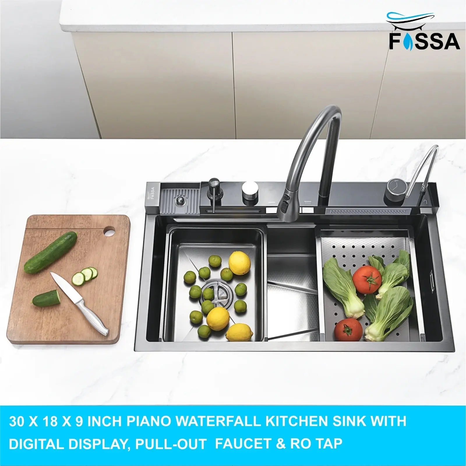 Fossa 30"x18"x10" inch Piano Fully Equipped Kitchen Sink with Integrated Waterfall and Pull-down Faucets - SS-304 Grade Stainless Steel Sink with LED Pannel and Digital Display - Nano Black Finish Fossa Home