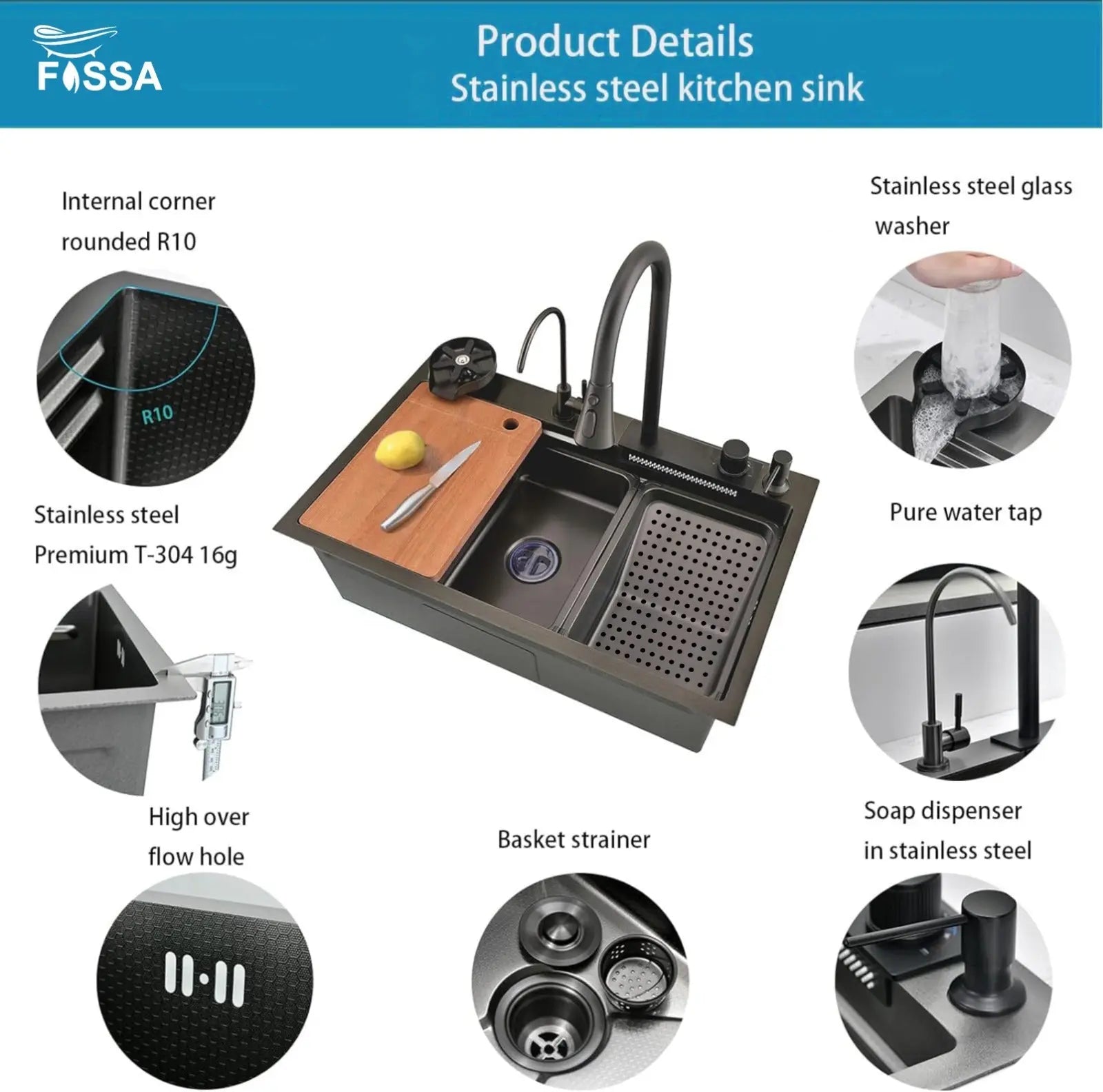 Fossa 30"x18"x10" inch Premium Stainless Steel Handmade Single Bowl With Water Fall Kitchen Sink, Matte Finish Fossa Home