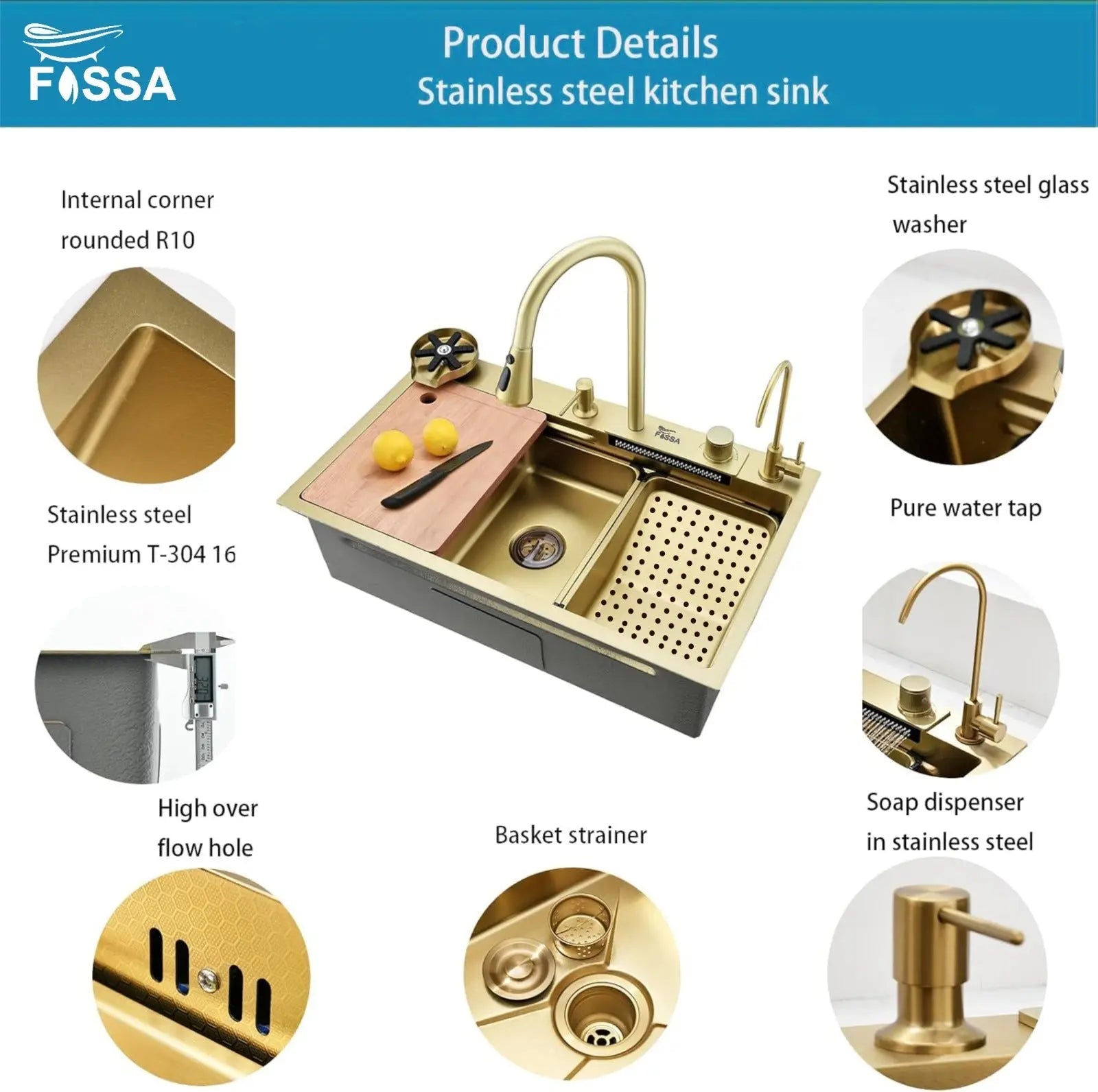 Fossa 30"x18"x10" inch Single Bowl 304 grade Waterfall Kitchen Sink Honeycomb Embossed Sink with White Nano Coating, Stainless Steel, Rectangular Workstation, faucet With all Accessories.Gold Fossa Home