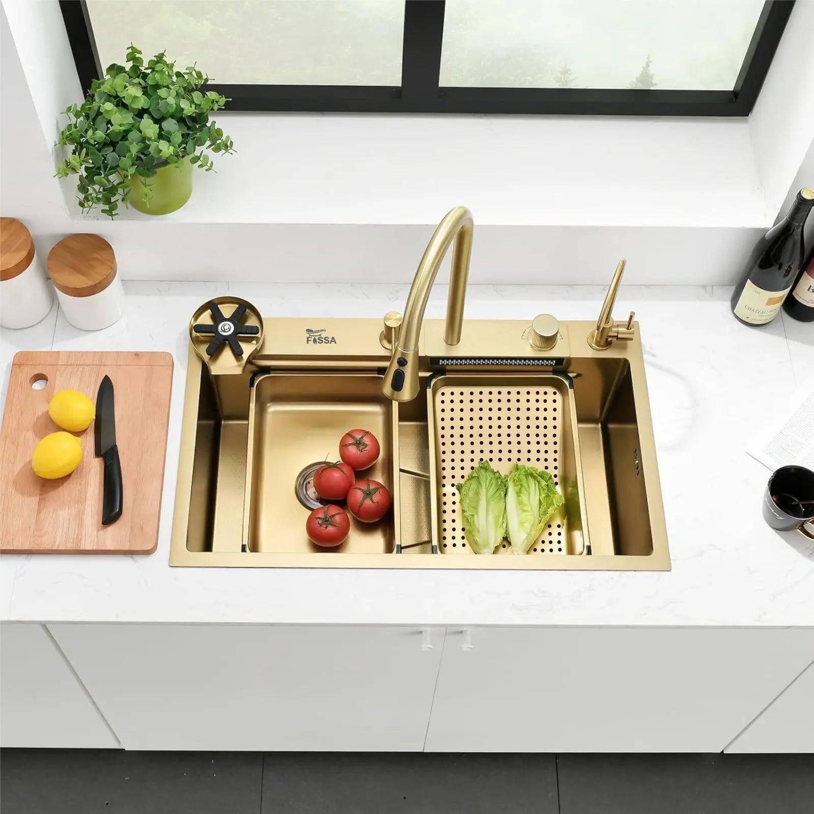 Fossa 30"x18"x10" inch Single Bowl 304 grade Waterfall Kitchen Sink Honeycomb Embossed Sink with White Nano Coating, Stainless Steel, Rectangular Workstation, faucet With all Accessories.Gold Fossa Home