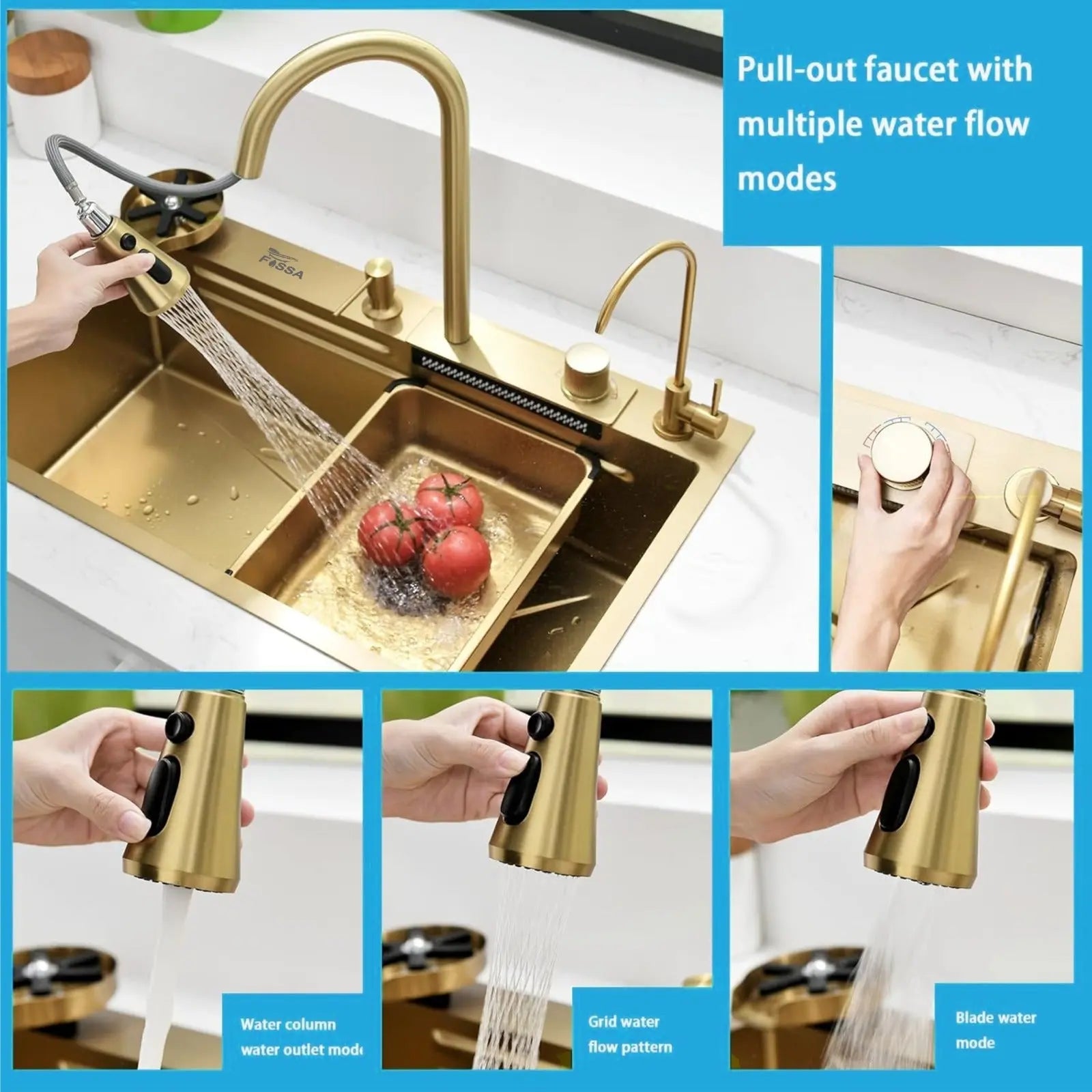 Fossa 30"x18"x10" inch Single Bowl 304 grade Waterfall Kitchen Sink Honeycomb Embossed Sink with White Nano Coating, Stainless Steel, Rectangular Workstation, faucet With all Accessories.Gold Fossa Home