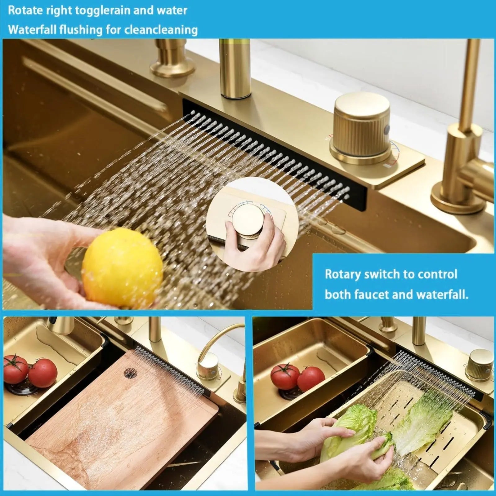 Fossa 30"x18"x10" inch Single Bowl 304 grade Waterfall Kitchen Sink Honeycomb Embossed Sink with White Nano Coating, Stainless Steel, Rectangular Workstation, faucet With all Accessories.Gold Fossa Home