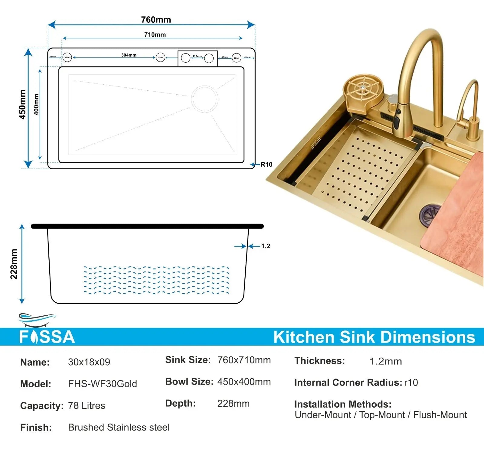 Fossa 30"x18"x10" inch Single Bowl 304 grade Waterfall Kitchen Sink Honeycomb Embossed Sink with White Nano Coating, Stainless Steel, Rectangular Workstation, faucet With all Accessories.Gold Fossa Home