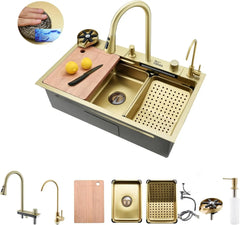 Fossa 30"x18"x10" inch Single Bowl 304 grade Waterfall Kitchen Sink Honeycomb Embossed Sink with White Nano Coating, Stainless Steel, Rectangular Workstation, faucet With all Accessories.Gold Fossa Home