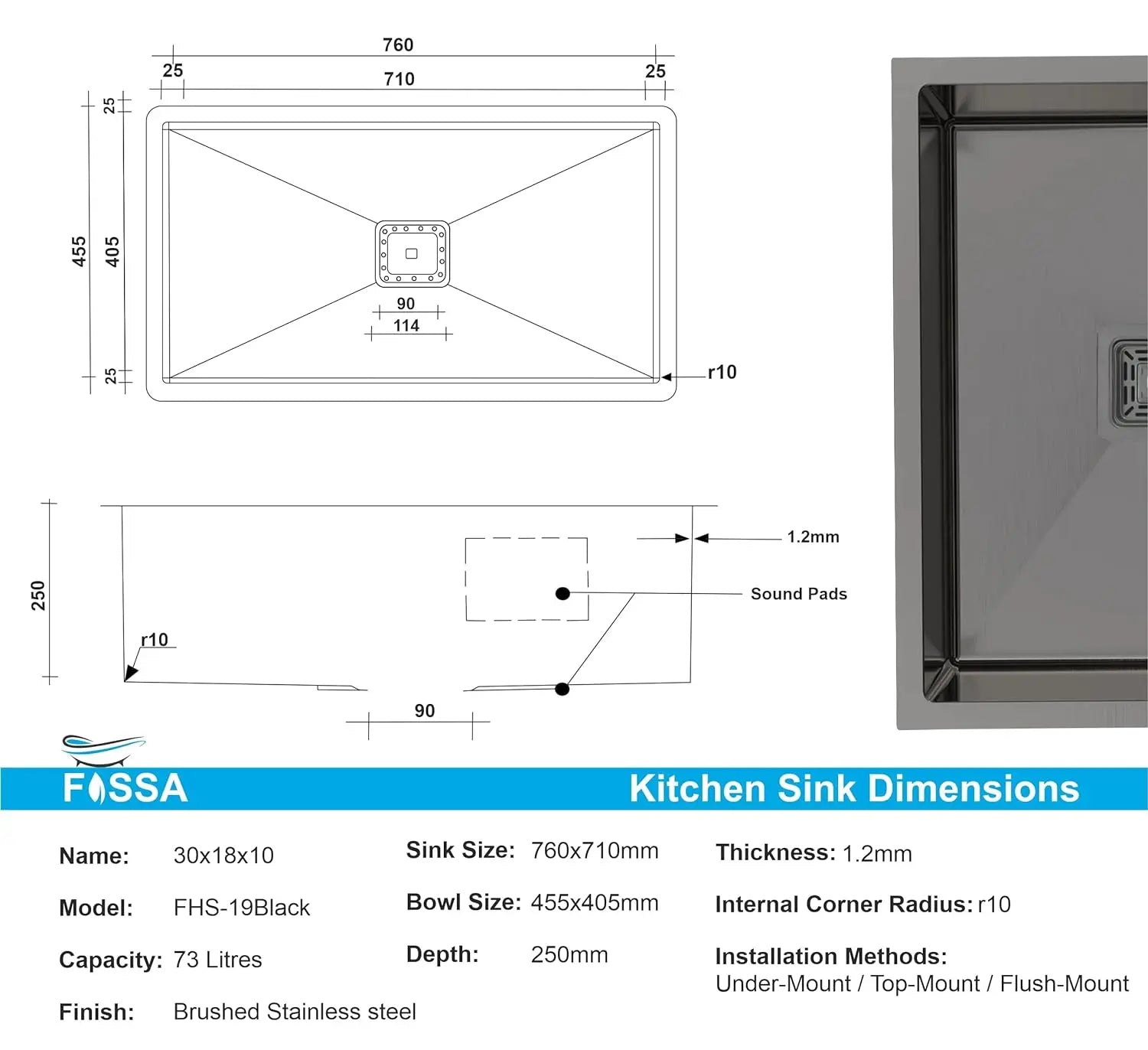 Fossa 30"x18"x10" inch Single Bowl SS-304 Grade Stainless Steel Handmade Kitchen Sink (Matte Finish) Black Fossa Home