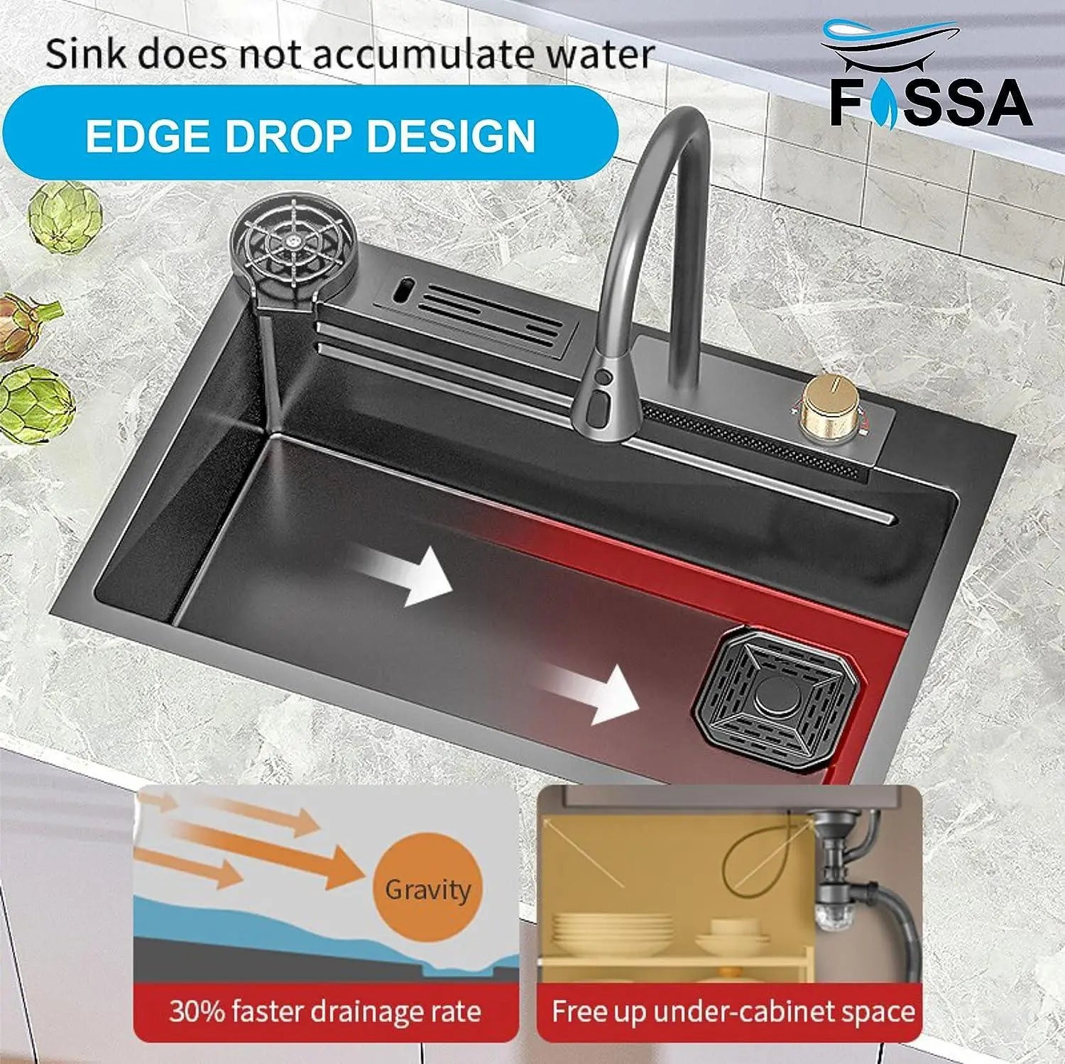 Fossa 30"x18"x10" inch Stainless Steel Premium Handmade Single Bowl WaterFall Kitchen Sink With Stand Matte Finish Fossa Home