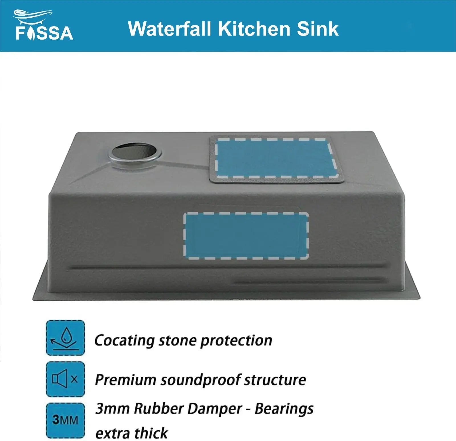 Fossa 30"x18"x10" inch Stainless Steel Premium Honeycomb Handmade Single Bowl With Water Fall Kitchen Sink, Matte Finish, With Basket Fossa Home