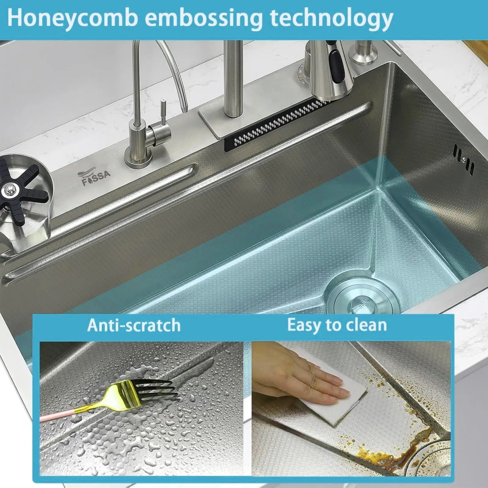 Fossa 30"x18"x10" inch Stainless Steel Premium Honeycomb Handmade Single Bowl With Water Fall Kitchen Sink, Matte Finish, With Basket Fossa Home