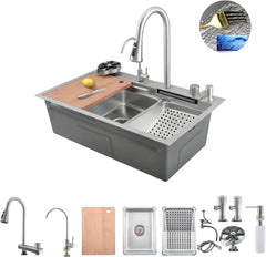 Fossa 30"x18"x10" inch Stainless Steel Premium Honeycomb Handmade Single Bowl With Water Fall Kitchen Sink, Matte Finish, With Basket Fossa Home