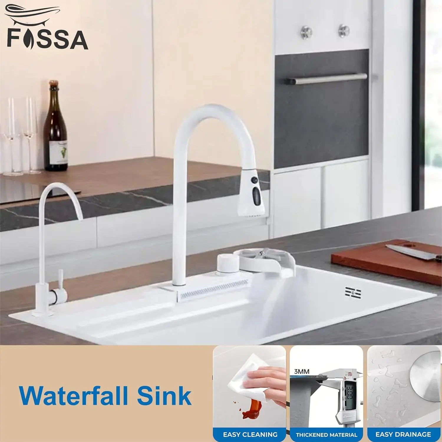 Fossa 30"x18"x10" inch Waterfall Premium Kitchen Sink with Integrated Waterfall Mode and Pull down Faucet with Steel Tray, Fruit Basket, and Complete Accessories Set - (White) Fossa Home