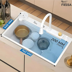 Fossa 30"x18"x10" inch Waterfall Premium Kitchen Sink with Integrated Waterfall Mode and Pull down Faucet with Steel Tray, Fruit Basket, and Complete Accessories Set - (White) Fossa Home