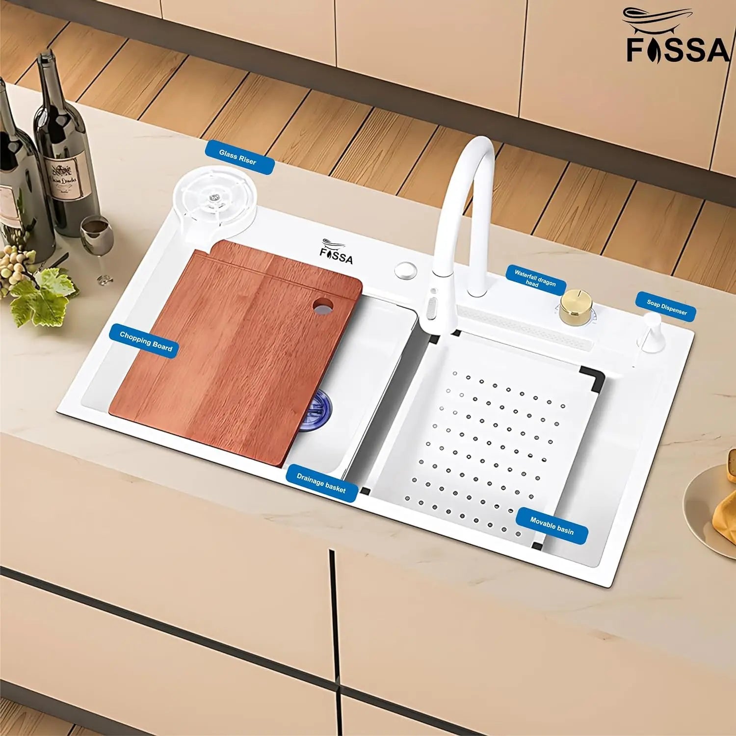 Fossa 30"x18"x10" inch Waterfall Premium Kitchen Sink with Integrated Waterfall Mode and Pull down Faucet with Steel Tray, Fruit Basket, and Complete Accessories Set - (White) Fossa Home