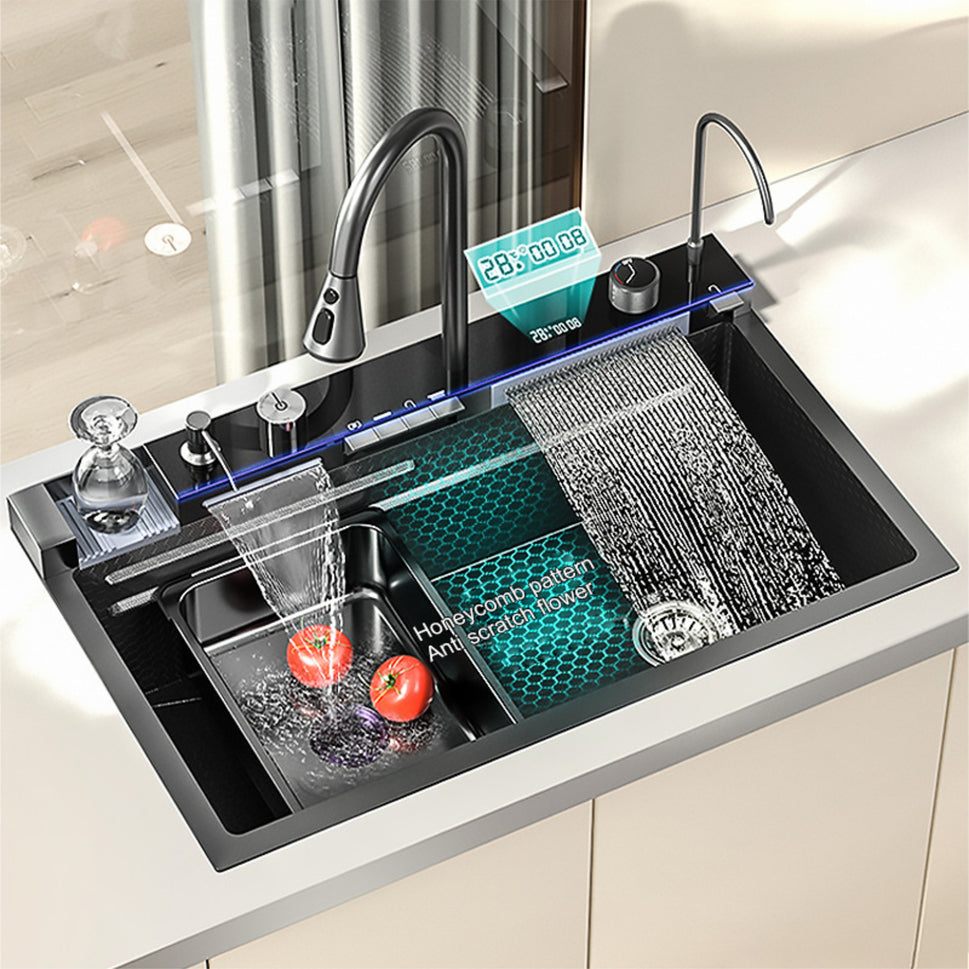 Fossa 30x18x10 Inch Piano Fully Equipped Kitchen Sink with Integrated Waterfall and Pull-down Faucets - Premium Stainless Steel Sink with LED Pannel and Digital Display - Nano Black Finish Fossa Home