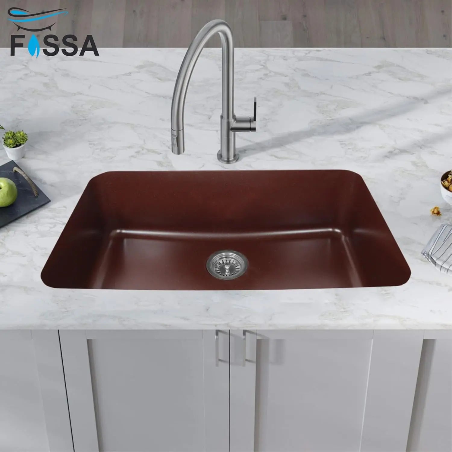 Fossa 31"x19"x09" Inch Granite Quartz Kitchen Sink Single Bowl with Basket, Coupling, Waste Pipe Quartz German Engineered Technology Kitchen Sink Easy-to-Clean Sink (Choco Brown) Fossa Home