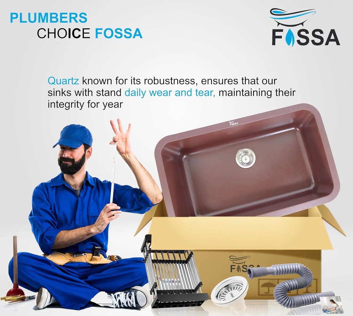 Fossa 31"x19"x09" Inch Granite Quartz Kitchen Sink Single Bowl with Basket, Coupling, Waste Pipe Quartz German Engineered Technology Kitchen Sink Easy-to-Clean Sink (Choco Brown) Fossa Home