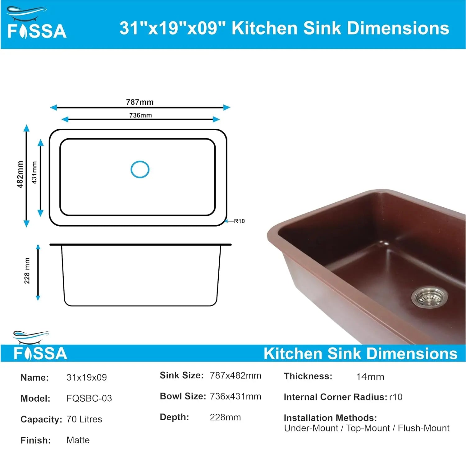 Fossa 31"x19"x09" Inch Granite Quartz Kitchen Sink Single Bowl with Basket, Coupling, Waste Pipe Quartz German Engineered Technology Kitchen Sink Easy-to-Clean Sink (Choco Brown) Fossa Home