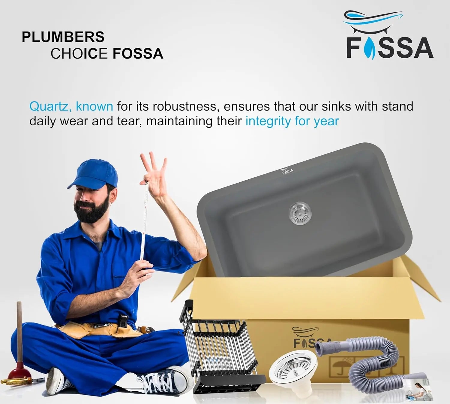 Fossa 31"x19"x09" Inch Granite Quartz Kitchen Sink Single Bowl with Basket, Coupling, Waste Pipe Quartz German Engineered Technology Kitchen Sink Easy-to-Clean Sink (Grey) Fossa Home