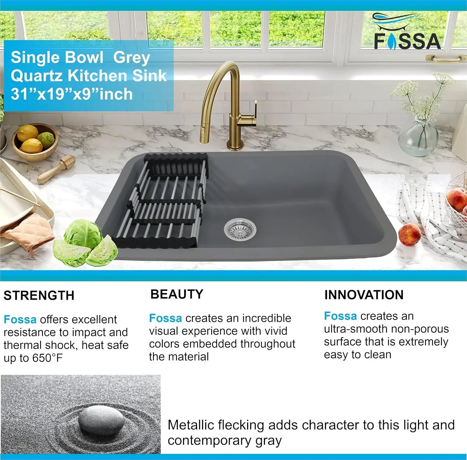 Fossa 31"x19"x09" Inch Granite Quartz Kitchen Sink Single Bowl with Basket, Coupling, Waste Pipe Quartz German Engineered Technology Kitchen Sink Easy-to-Clean Sink (Grey) Fossa Home