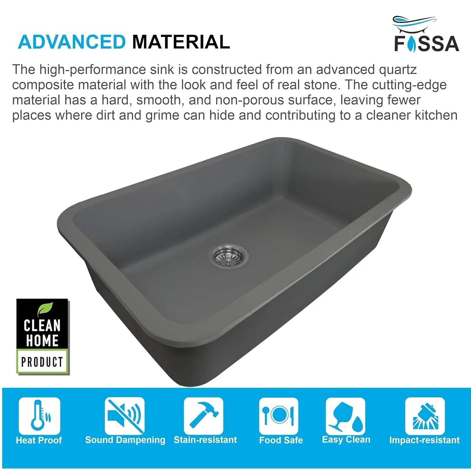 Fossa 31"x19"x09" Inch Granite Quartz Kitchen Sink Single Bowl with Basket, Coupling, Waste Pipe Quartz German Engineered Technology Kitchen Sink Easy-to-Clean Sink (Grey) Fossa Home