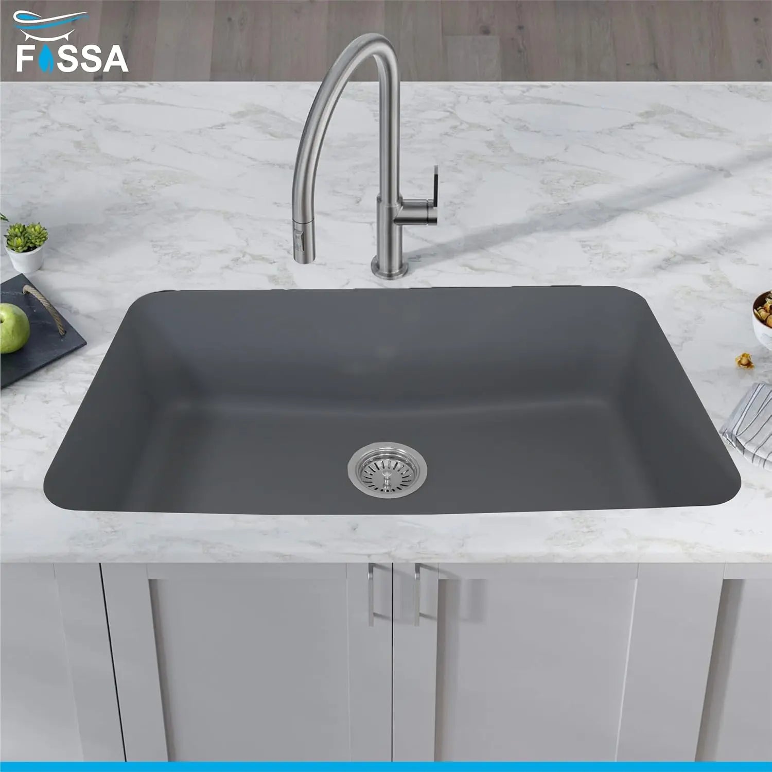 Fossa 31"x19"x09" Inch Granite Quartz Kitchen Sink Single Bowl with Basket, Coupling, Waste Pipe Quartz German Engineered Technology Kitchen Sink Easy-to-Clean Sink (Grey) Fossa Home