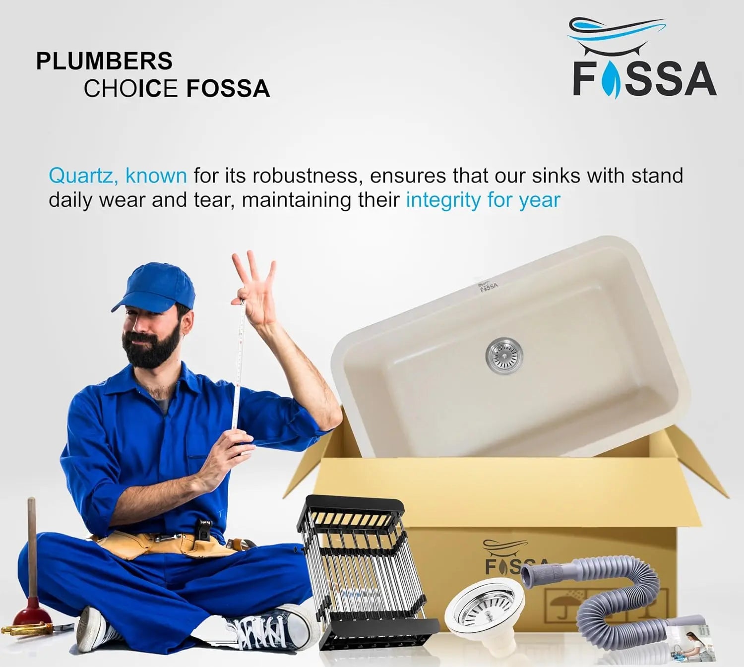Fossa 31"x19"x09" Inch Granite Quartz Kitchen Sink Single Bowl with Basket, Coupling, Waste Pipe Quartz German Engineered Technology Kitchen Sink Easy-to-Clean Sink (Peach Ivory) Fossa Home