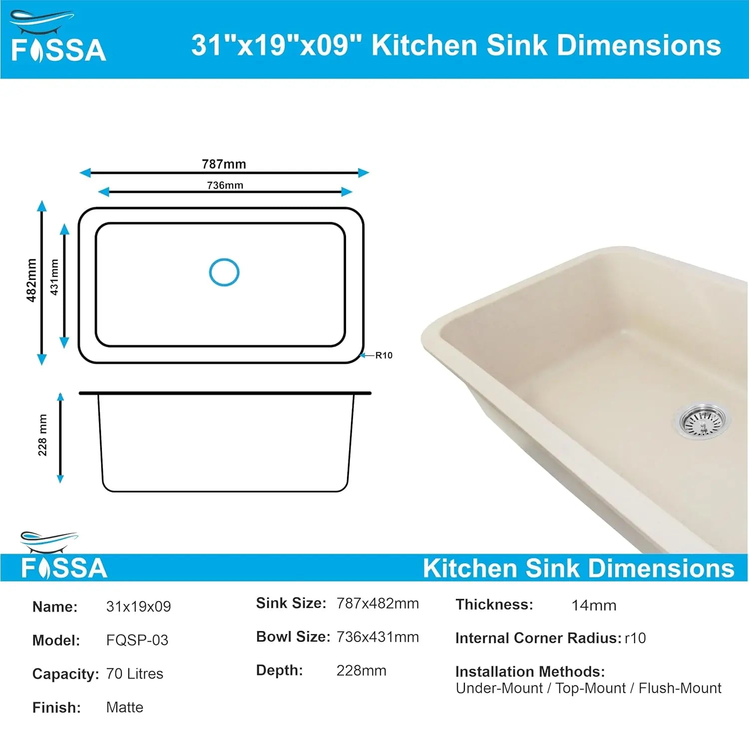 Fossa 31"x19"x09" Inch Granite Quartz Kitchen Sink Single Bowl with Basket, Coupling, Waste Pipe Quartz German Engineered Technology Kitchen Sink Easy-to-Clean Sink (Peach Ivory) Fossa Home