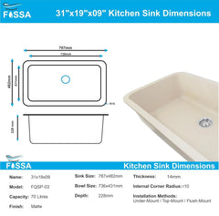 Fossa 31"x19"x09" Inch Granite Quartz Kitchen Sink Single Bowl with Basket, Coupling, Waste Pipe Quartz German Engineered Technology Kitchen Sink Easy-to-Clean Sink (Peach Ivory) Fossa Home