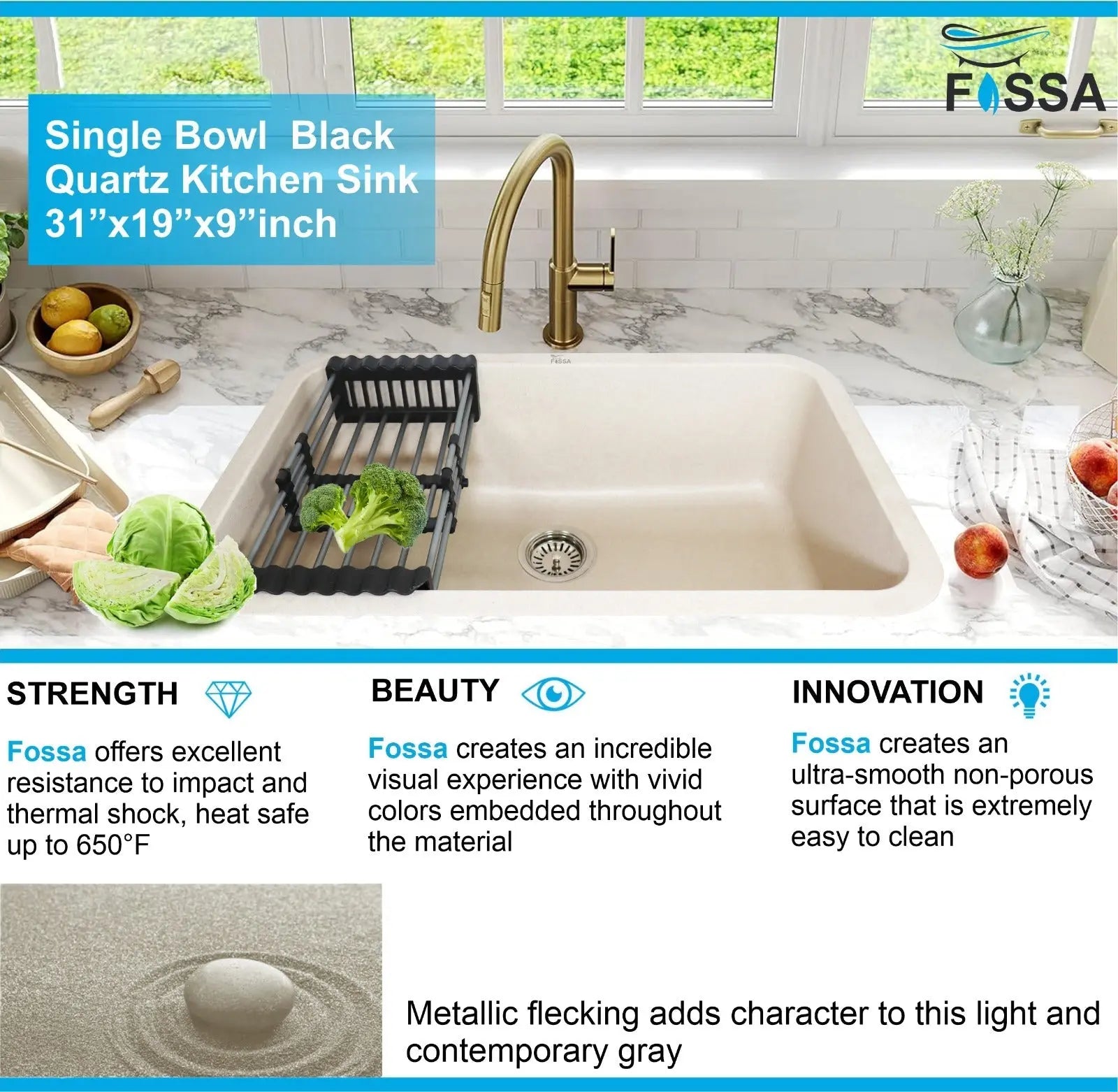 Fossa 31"x19"x09" Inch Granite Quartz Kitchen Sink Single Bowl with Basket, Coupling, Waste Pipe Quartz German Engineered Technology Kitchen Sink Easy-to-Clean Sink (Peach Ivory) Fossa Home