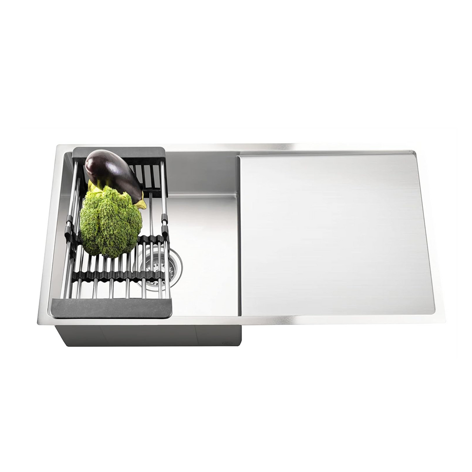 Fossa 32"X20"X10" Single Bowl With Drain Board Premium Handmade Kitchen Sink ( Round Coupling ) Silver Fossa Home