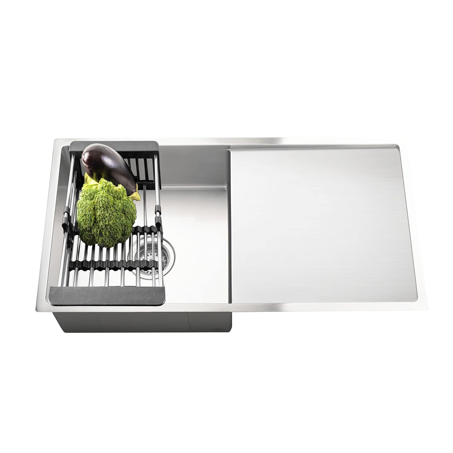 Fossa 32"X20"X10" Single Bowl With Drain Board Premium Handmade Kitchen Sink ( Round Coupling ) Silver Fossa Home