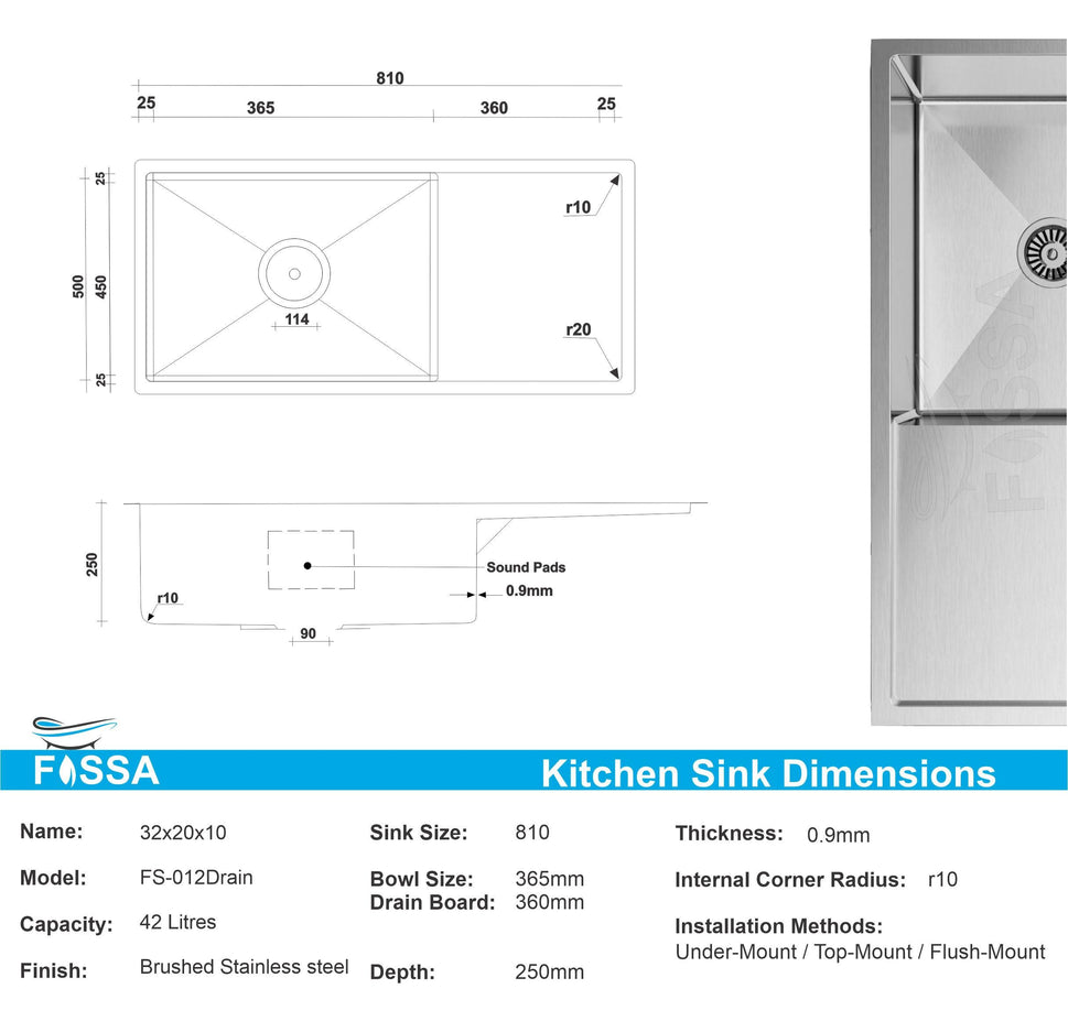 Fossa 32"X20"X10" Single Bowl With Drain Board Stainless Steel Handmade Kitchen Sink Matte Finish - Fossa Home 
