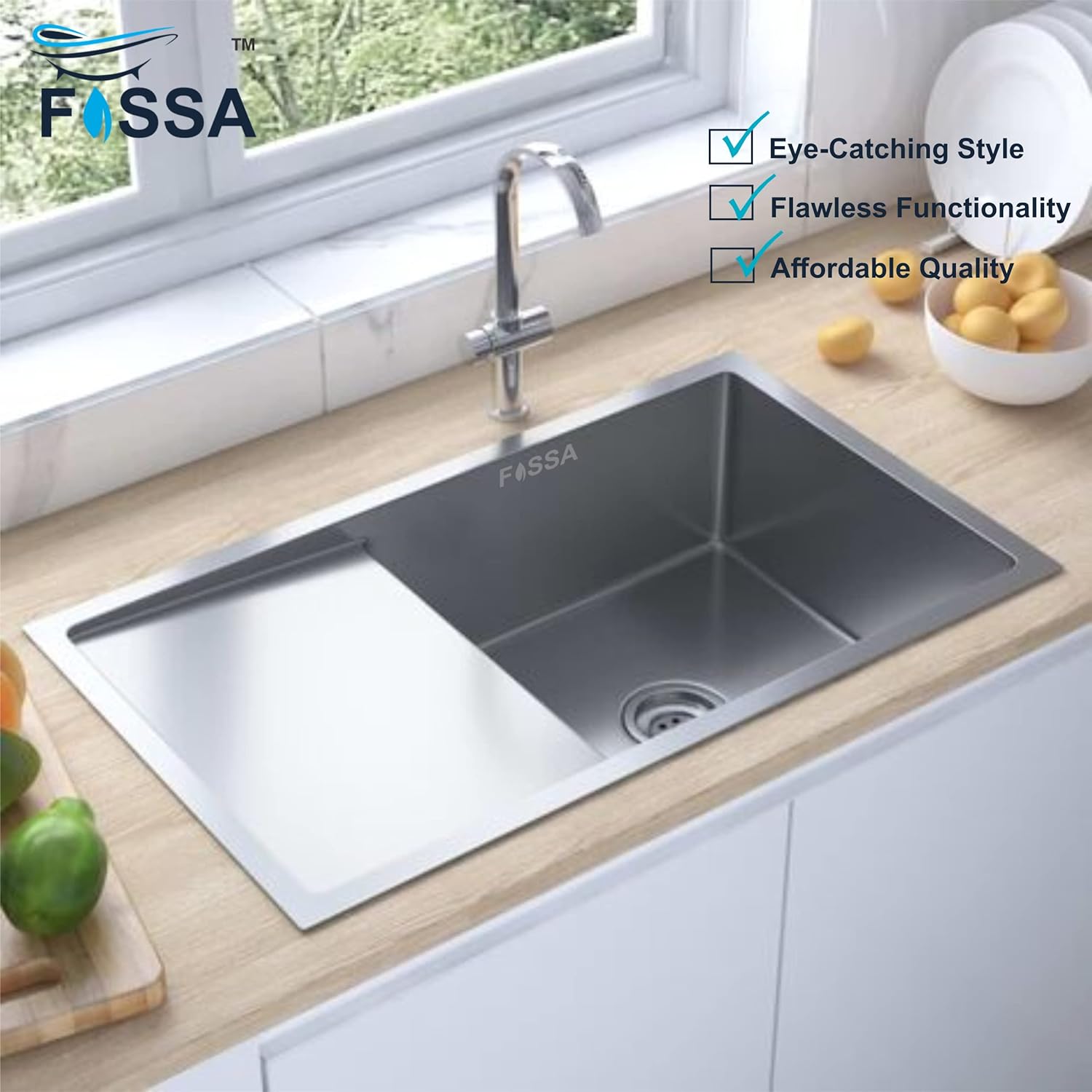 Fossa 32"X20"X10" Single Bowl With Drain Board SS-304 Grade Handmade Kitchen Sink ( Round Coupling ) Silver Fossa Home