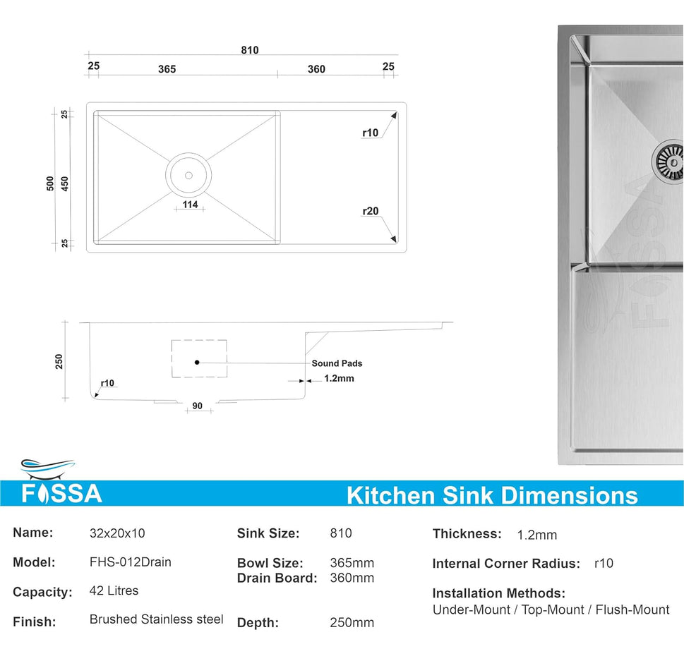 Fossa 32"X20"X10" Single Bowl With Drain Board SS-304 Grade Handmade Kitchen Sink ( Round Coupling ) Silver Fossa Home