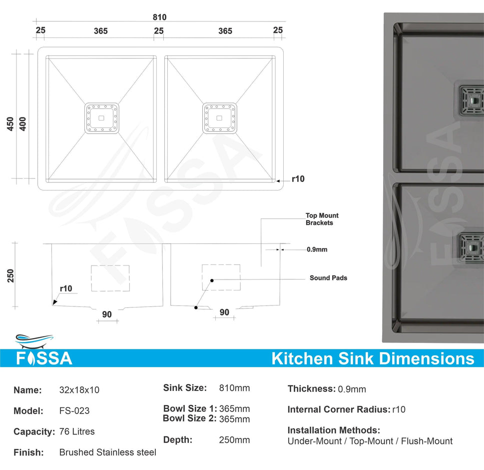 Fossa 32"x18"x10" Double Bowl  Stainless Steel Handmade Kitchen Sink Black Matte Finish - Fossa Home 
