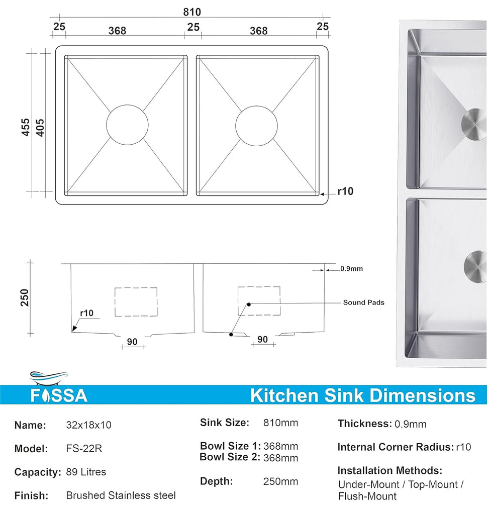 Fossa 32"x18"x10" Double Bowl Premium Stainless Steel Handmade Kitchen Sink Round Coupling Matte Finish FS-022R Fossa Home