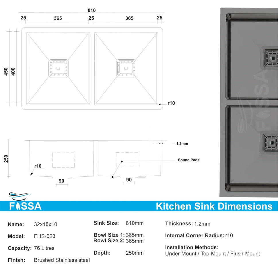 Fossa 32"x18"x10" Double Bowl SS-304 Grade Stainless Steel Handmade Kitchen Sink Black Fossa Home