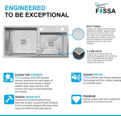 Fossa 32"x18"x10" Double Bowl with Single Tap Hole SS-304 Grade Handmade Kitchen Sink Silver Fossa Home