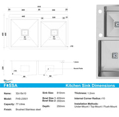 Fossa 32"x18"x10" Double Bowl with Single Tap Hole SS-304 Grade Handmade Kitchen Sink Silver Fossa Home