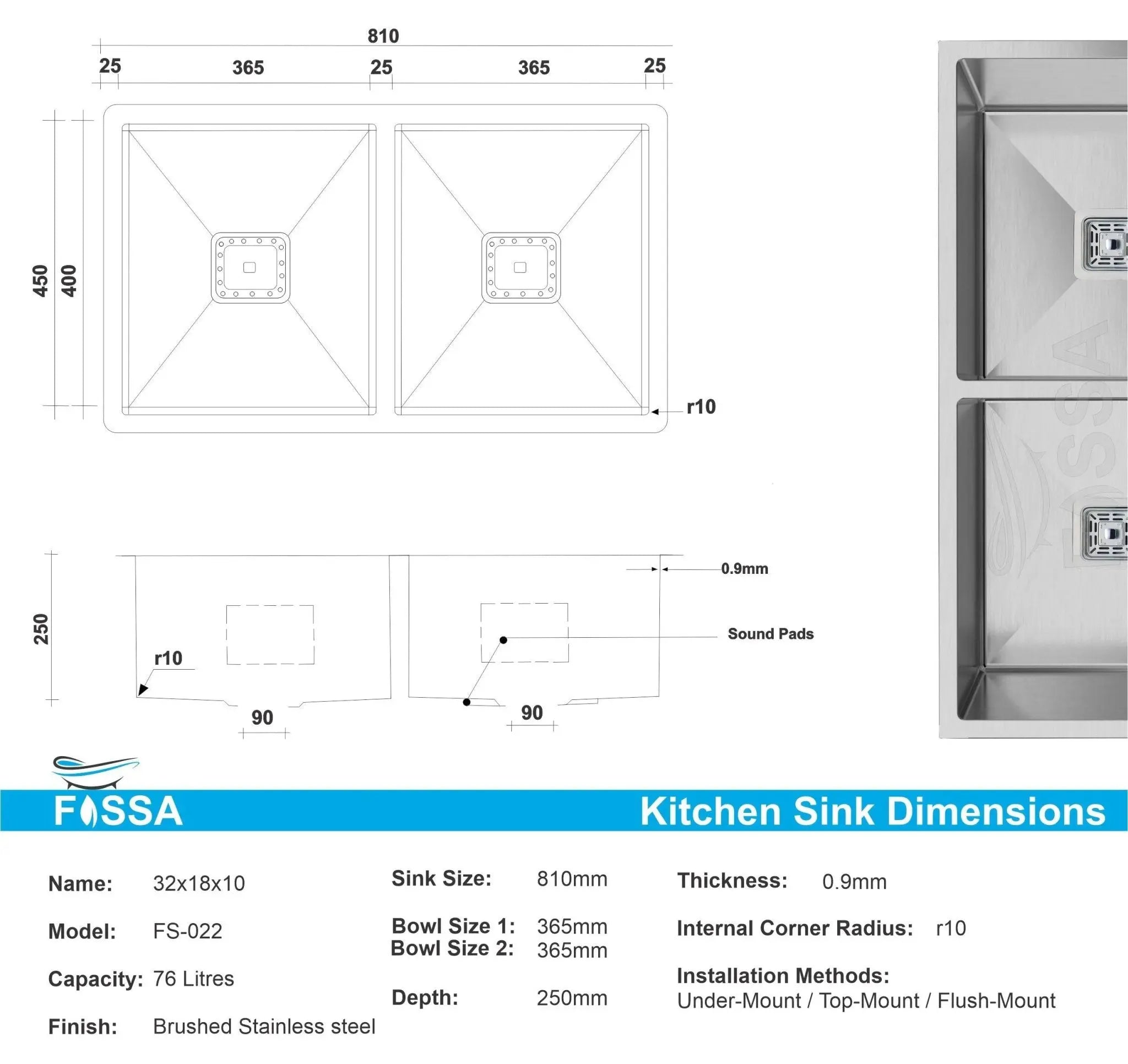 Fossa 32"x18"x10" Inch Double Bowl Premium Stainless Steel Handmade Kitchen Sink Silver Fossa Home
