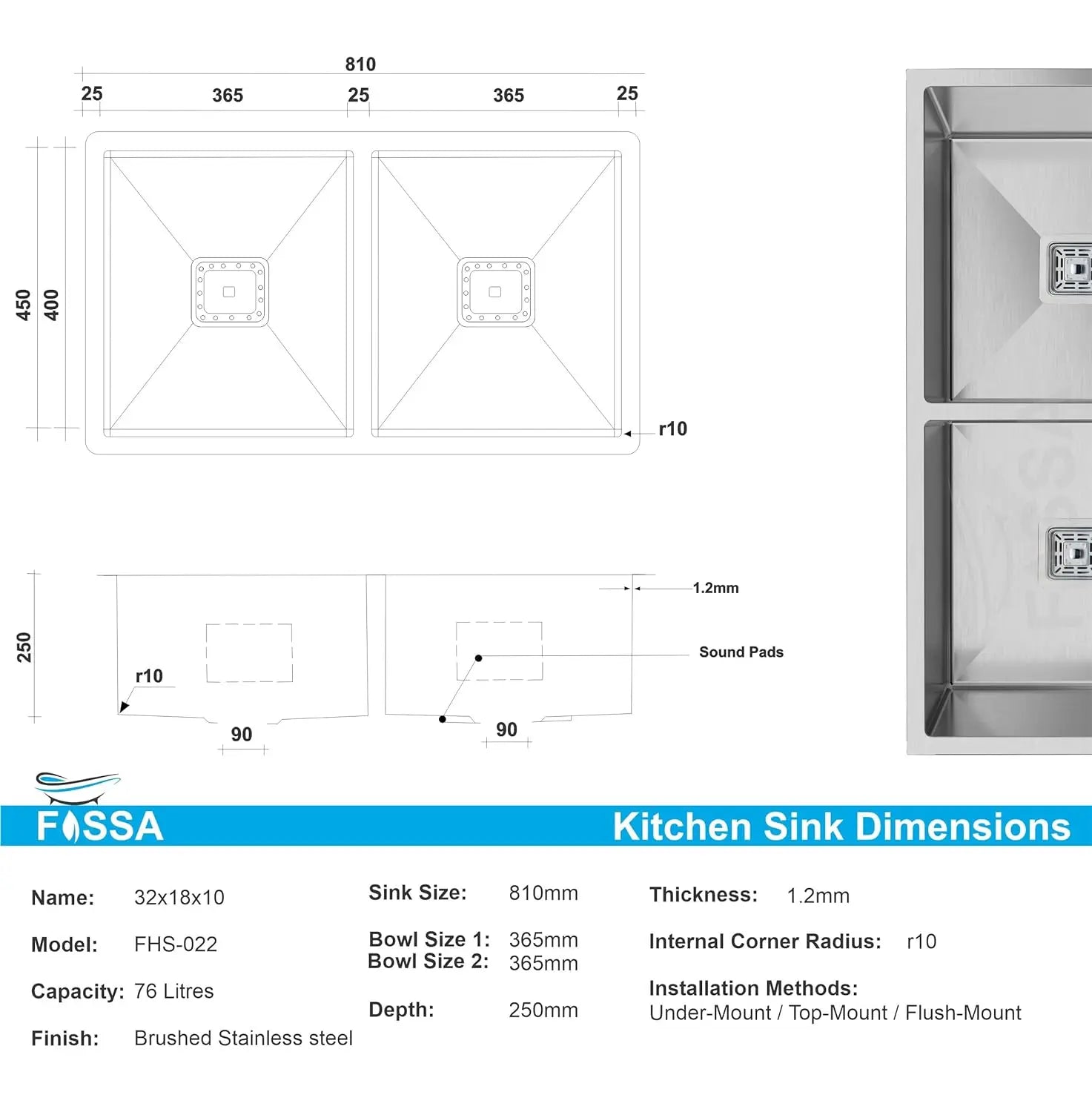 Fossa 32"x18"x10" Inch Double Bowl SS-304 Grade Stainless Steel Handmade Kitchen Sink Fossa Home