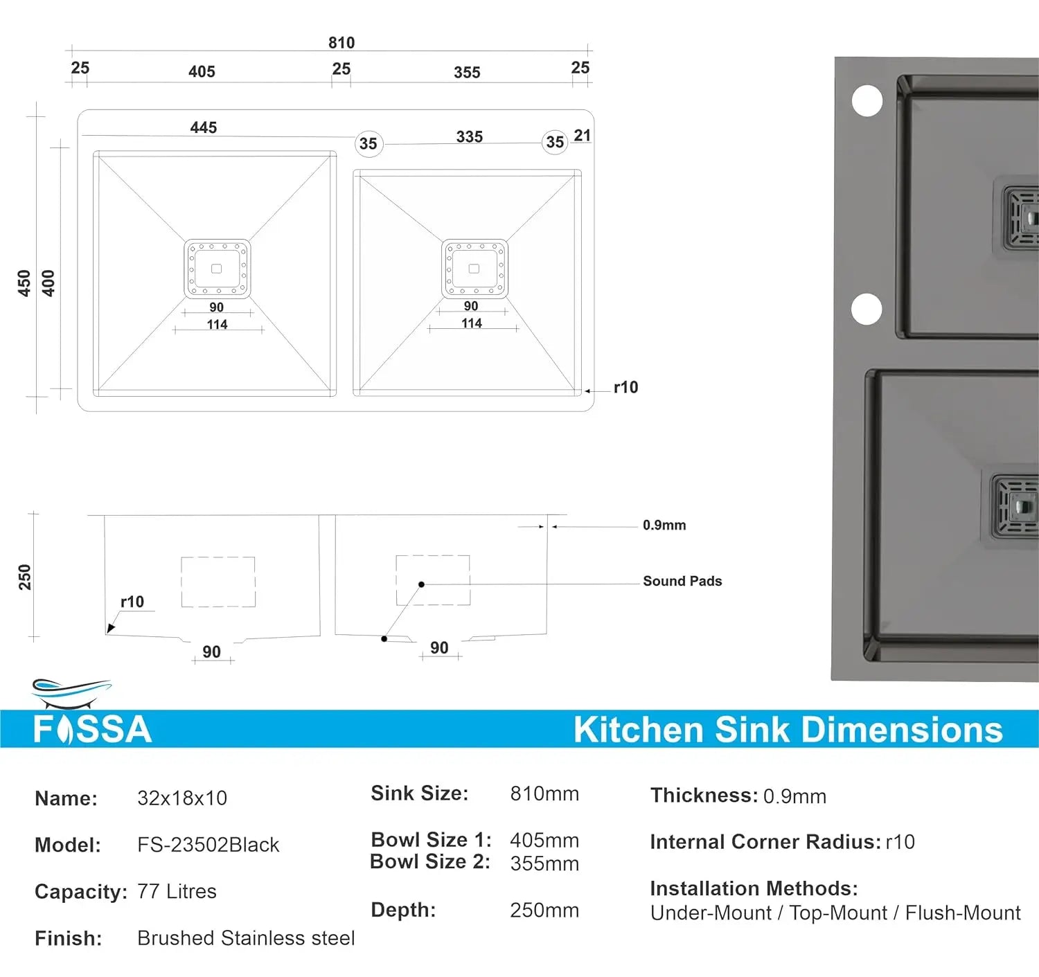Fossa 32"x18"x10" Inch Double Bowl With Tap Hole Premium Handmade Kitchen Sink Black Fossa Home