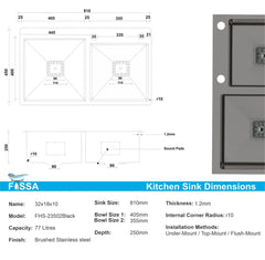 Fossa 32"x18"x10" Inch Double Bowl With Tap Hole SS-304 Grade Handmade Kitchen Sink Black Fossa Home