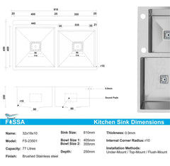 Fossa 32"x18"x10" Inch Double Bowl with Single Tap Hole Premium Handmade Kitchen Sink Silver Fossa Home