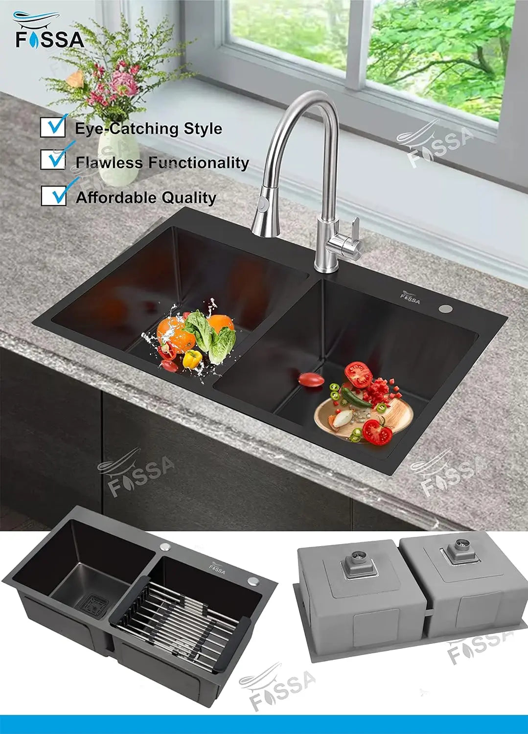 Fossa 32"x18"x10" Inch Double Bowl with Single Tap Hole SS-304 Grade Handmade Kitchen Sink Black Fossa Home