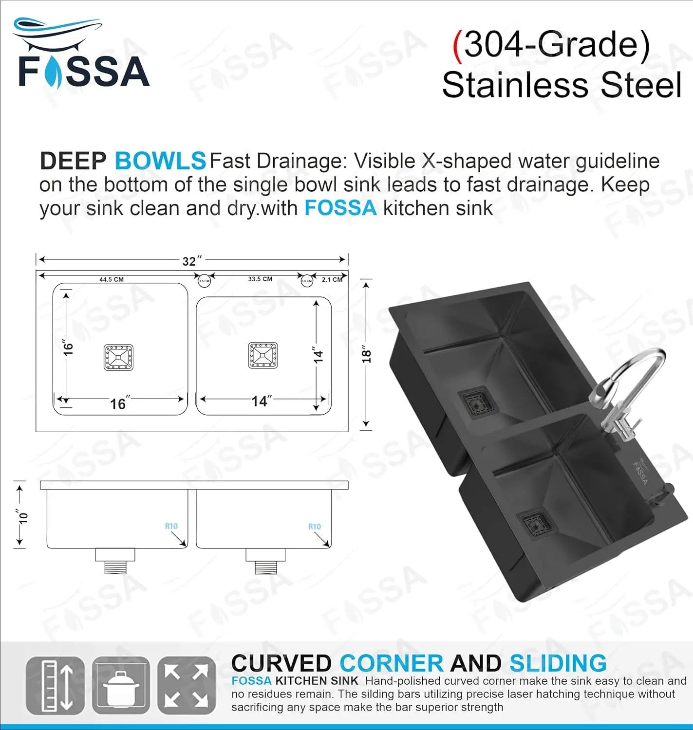 Fossa 32"x18"x10" Inch Double Bowl with Single Tap Hole SS-304 Grade Handmade Kitchen Sink Black Fossa Home