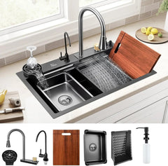 Fossa 32"x18"x10" inch Single Bowl Premium Waterfall Kitchen Sink Honeycomb Embossed Sink with White Nano Coating, Stainless Steel, Rectangular Workstation, Faucet With All Accessories. Fossa Home